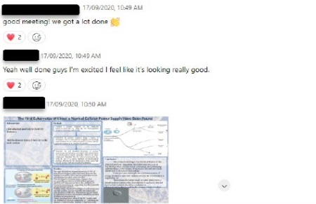 Screenshot of a Webex chat showing students arranging to follow up after live session to continue their learning.
